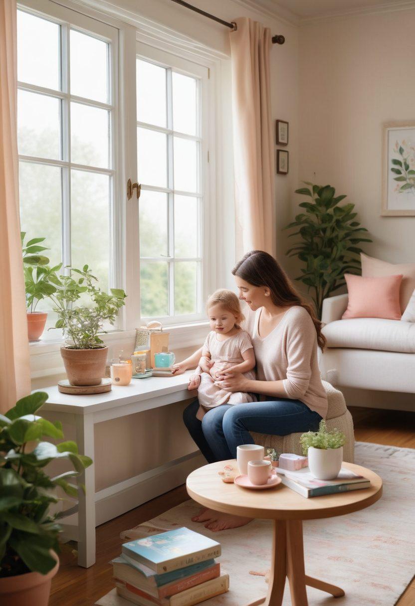 A warm and inviting scene of a mother and child sharing a tender moment in a cozy living room filled with family pictures, soft lighting, and colorful toys scattered around. Include a stack of parenting books on a coffee table, with a steaming cup of tea beside it, radiating warmth and care. The background should have hints of greenery outside a window, symbolizing growth and nurturing. gentle illustration. pastel colors. soft focus.
