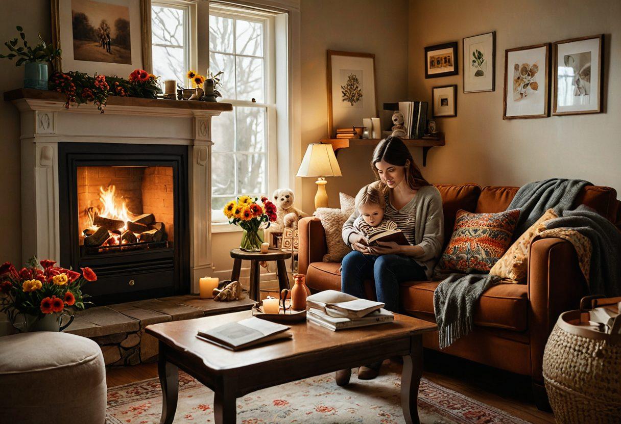 A cozy living room scene with a mother reading a book to her child by a warm fireplace, surrounded by playful toys and family photos. Soft sunlight filters through the window, casting a gentle glow on their faces, embodying love and connection. Flowers in a vase nearby add a touch of color and warmth. Capture the essence of motherhood and storytelling. super-realistic. warm tones. inviting atmosphere.
