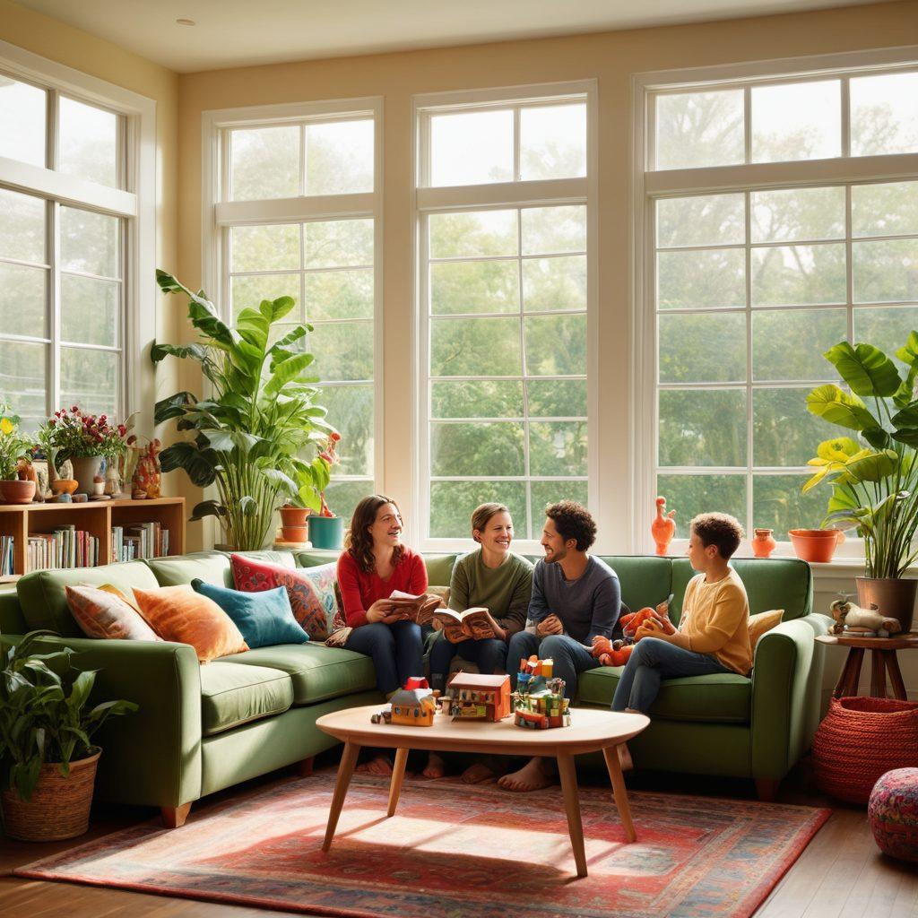 A serene family scene showcasing a loving couple attentively engaging with their joyful children in a cozy living room filled with warmth and colorful decor. Sunlight streams through large windows, illuminating the diverse family bond, highlighting moments of laughter, sharing, and connection. Include elements like books on parenting, playful toys scattered around, and plants for a touch of nature. super-realistic. vibrant colors. warm tones.